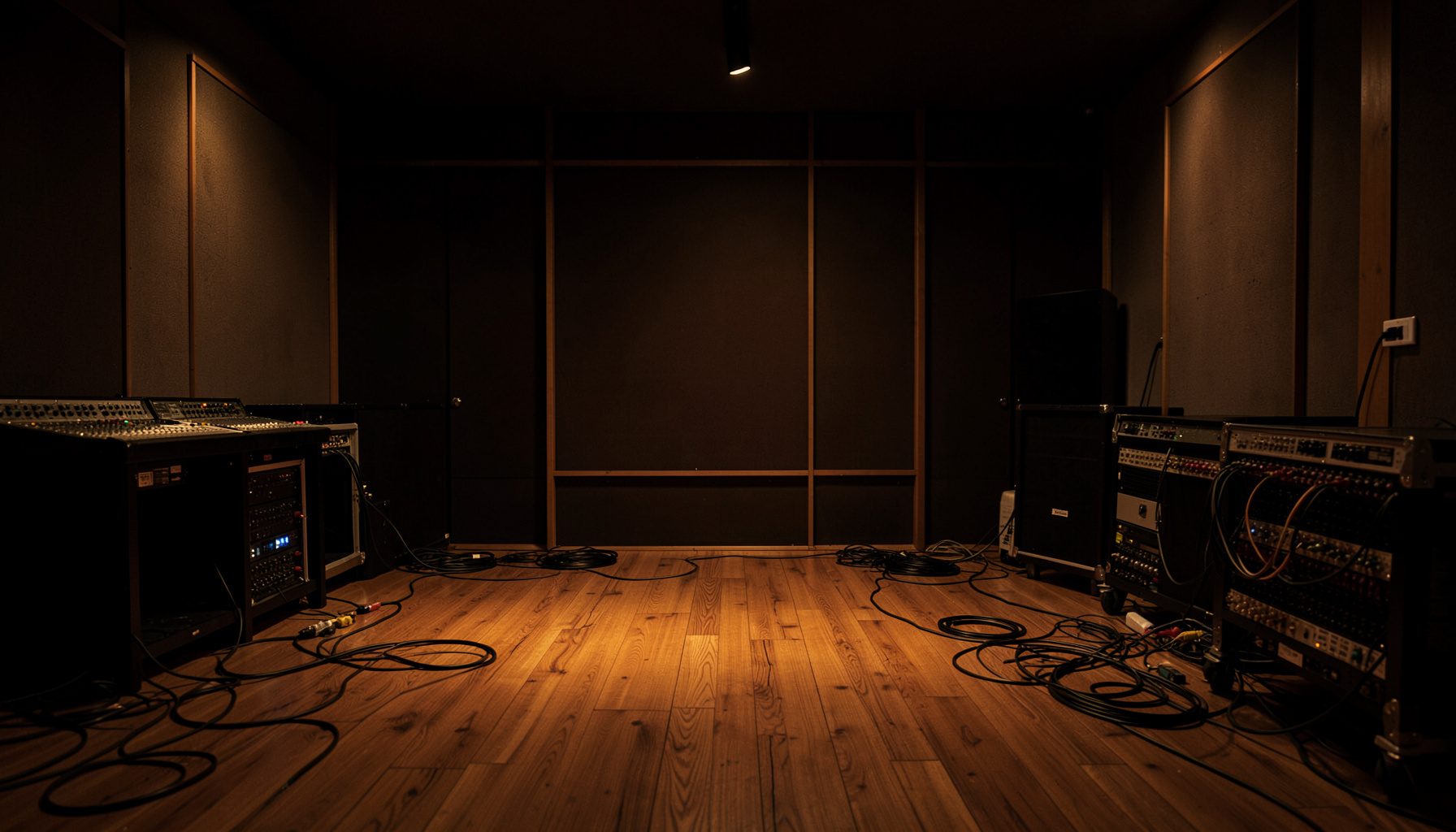 A dimly lit recording studio interior with warm amber and deep brown tones, cables and audio equipment arranged across a wooden floor