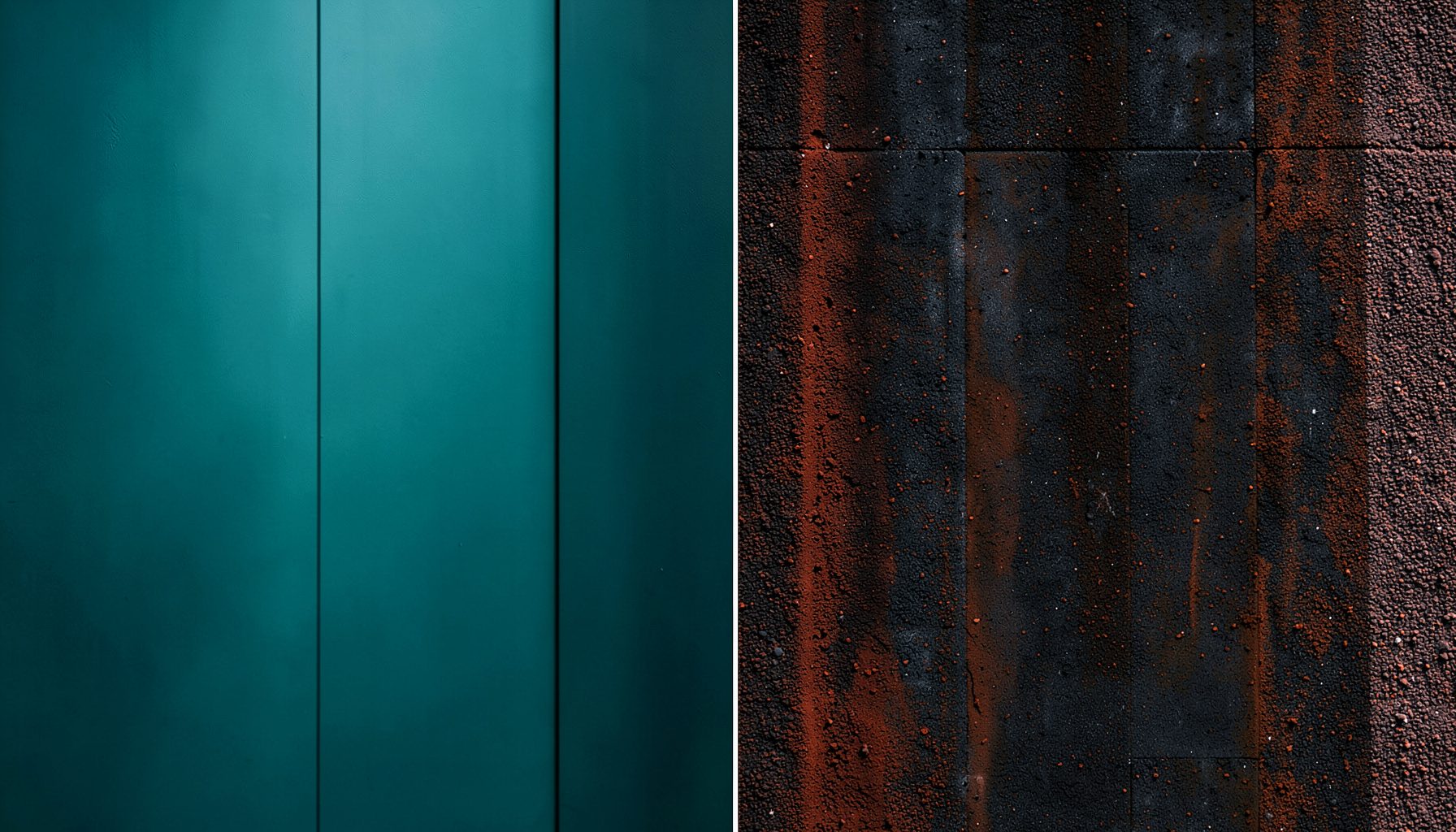 A split-panel composition in deep teal and rust, one side smooth and luminous, the other rough and granular, evoking urban texture