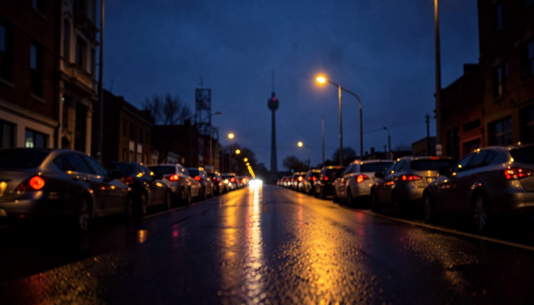 A dimly lit urban street at dusk with wet pavement reflecting amber streetlights, rows of parked cars receding into soft shadow