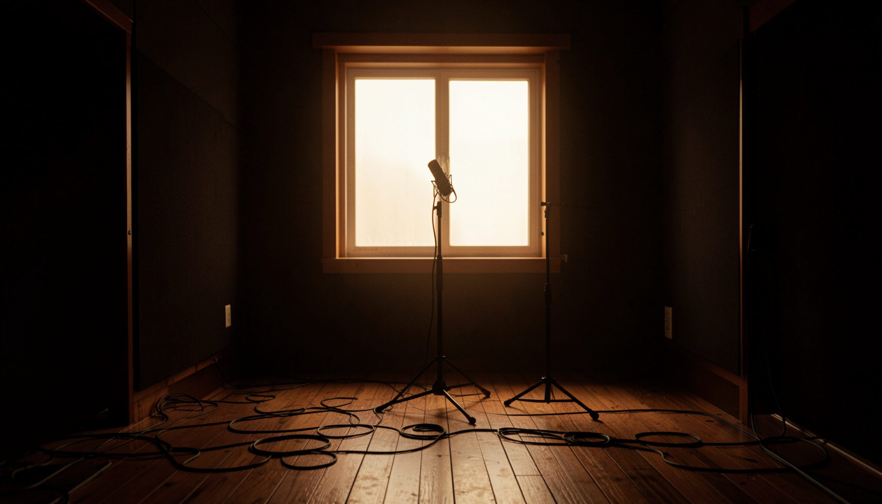A dimly lit recording studio interior with warm amber and deep brown tones, cables trailing across a wooden floor