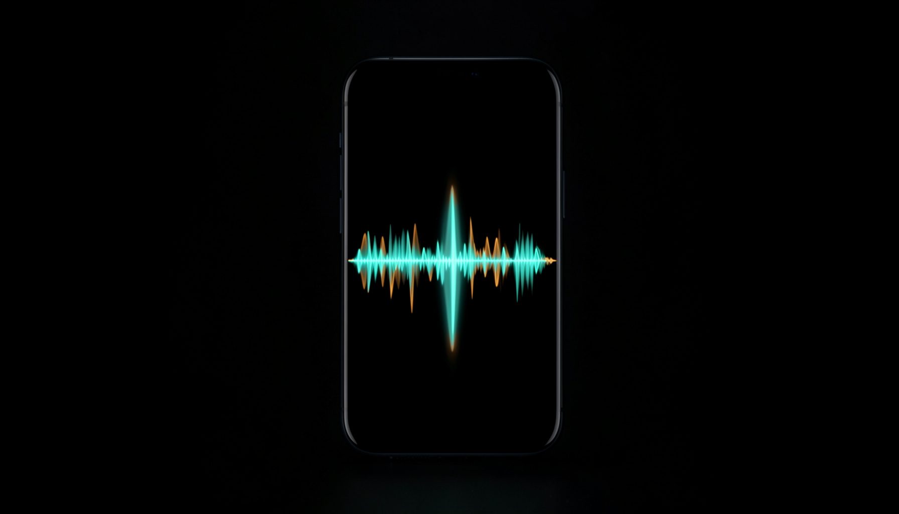 A smartphone screen glowing in a dark space, displaying abstract waveform visualizations in soft teal and amber against deep shadow