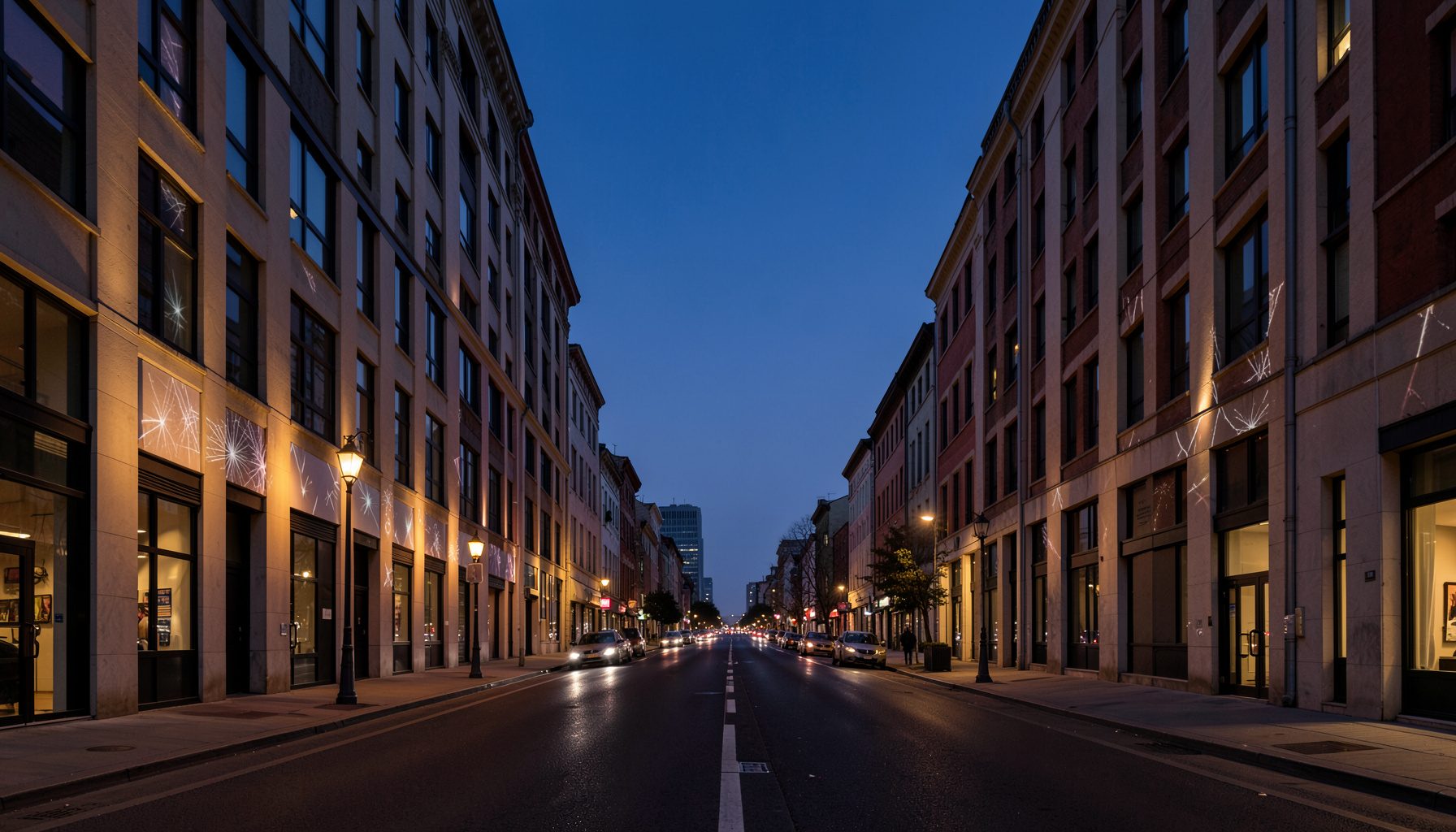 An urban street scene at dusk with subtle light installations on building facades, warm amber tones against a darkening sky