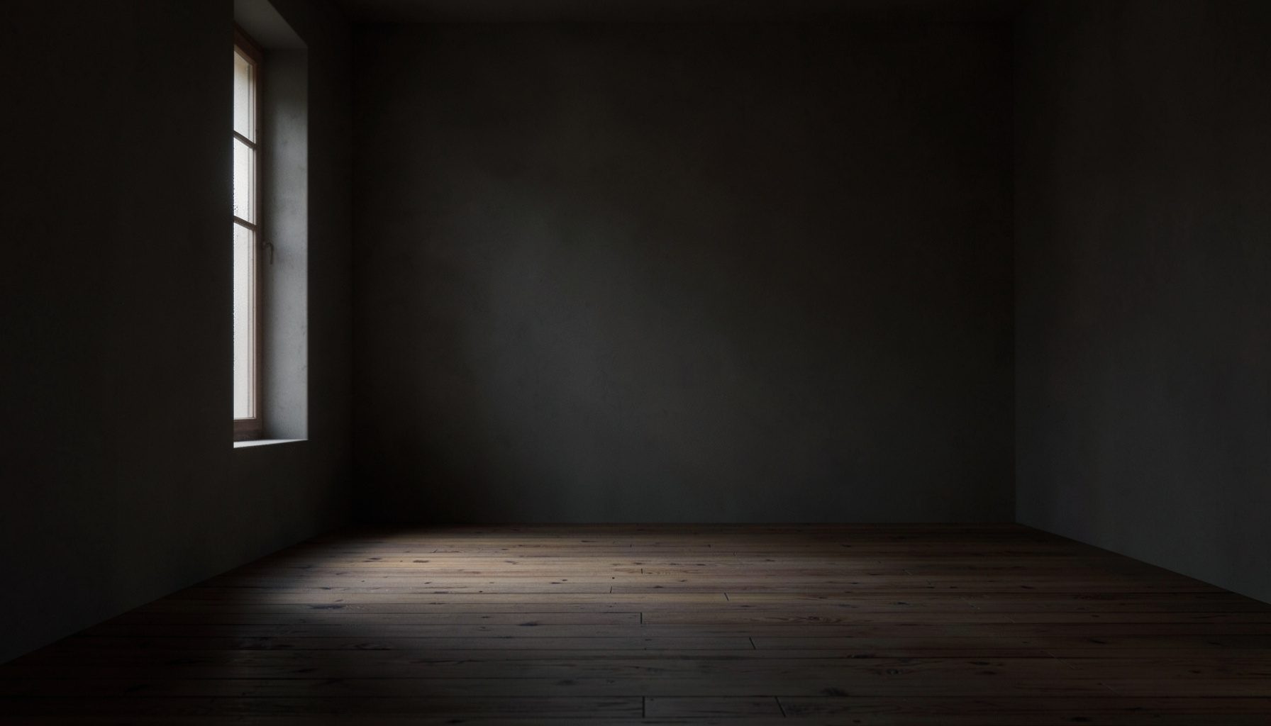 A dimly lit interior with a single window casting soft natural light across a bare wooden floor, deep browns and muted greys